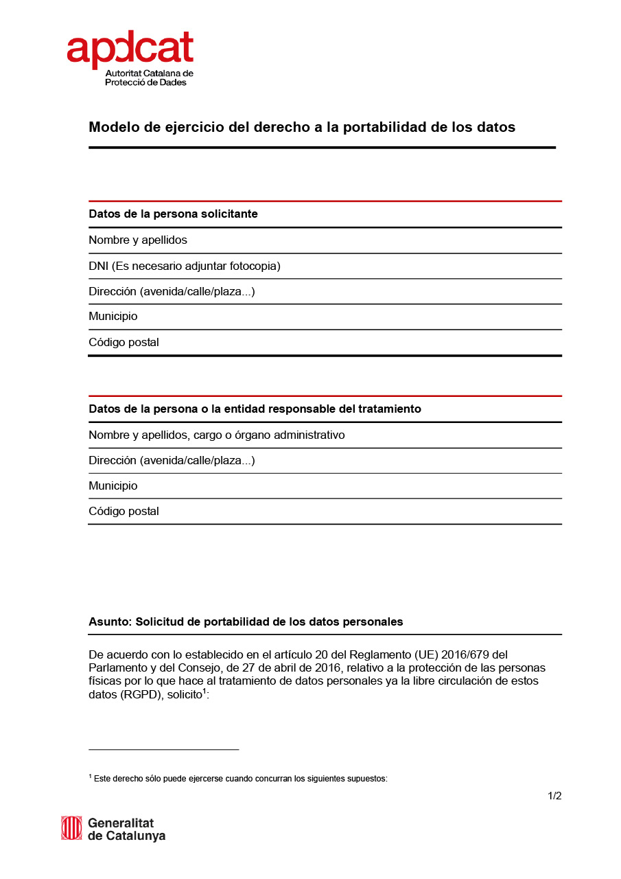 Modelo para ejercer el derecho a la portabilidad de los datos 